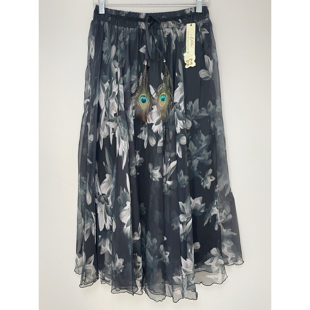 Afibi Gray Floral Maxi Skirt M Sheer Festival Ethereal Boho Goth Witchy Cottage - Picture 2 of 12